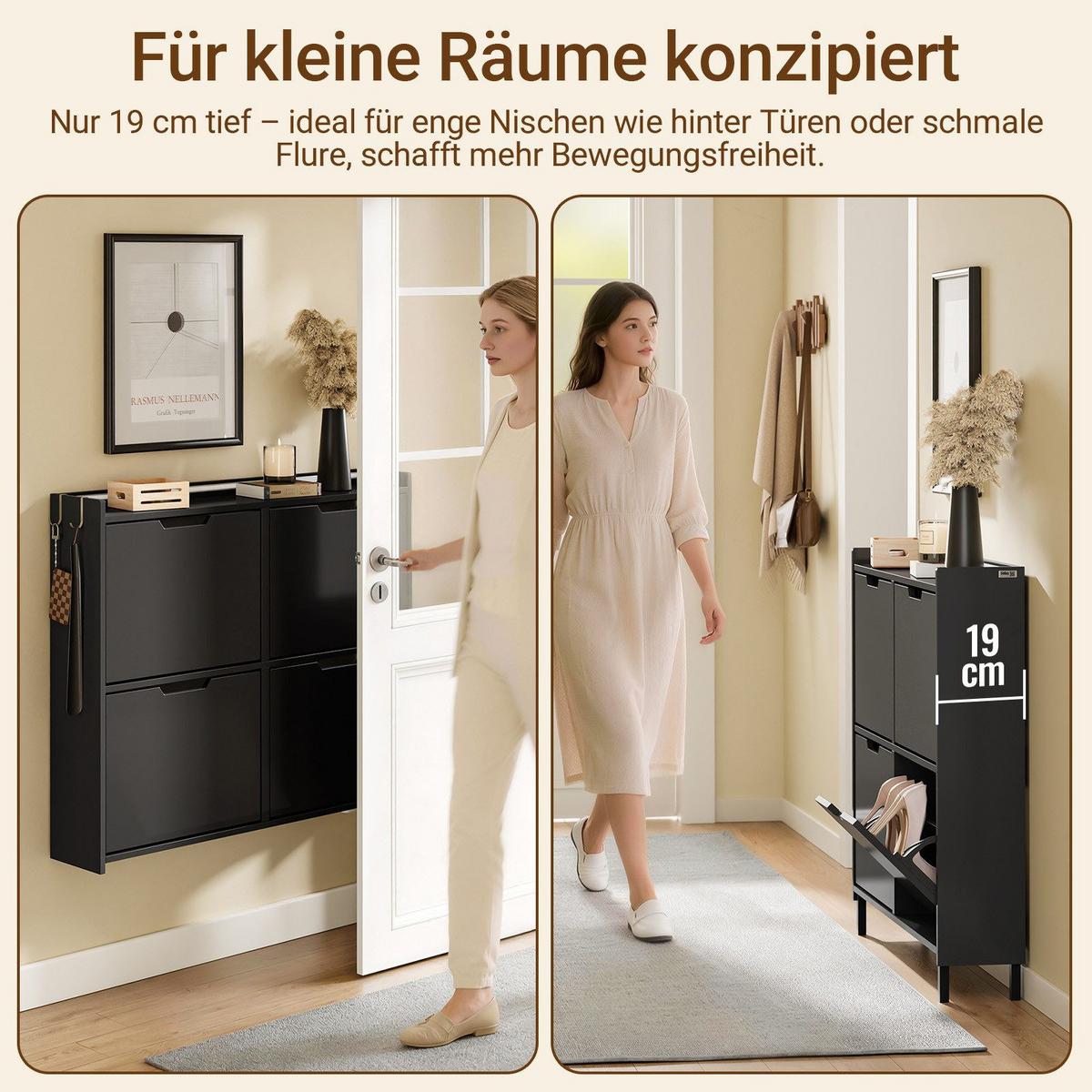 SCHUHSCHRANK mit 4 Klappen und Sensorlicht Schwarz 100x19x93cm - Schwarz, Holzwerkstoff (19/93/100cm) - SoBuy