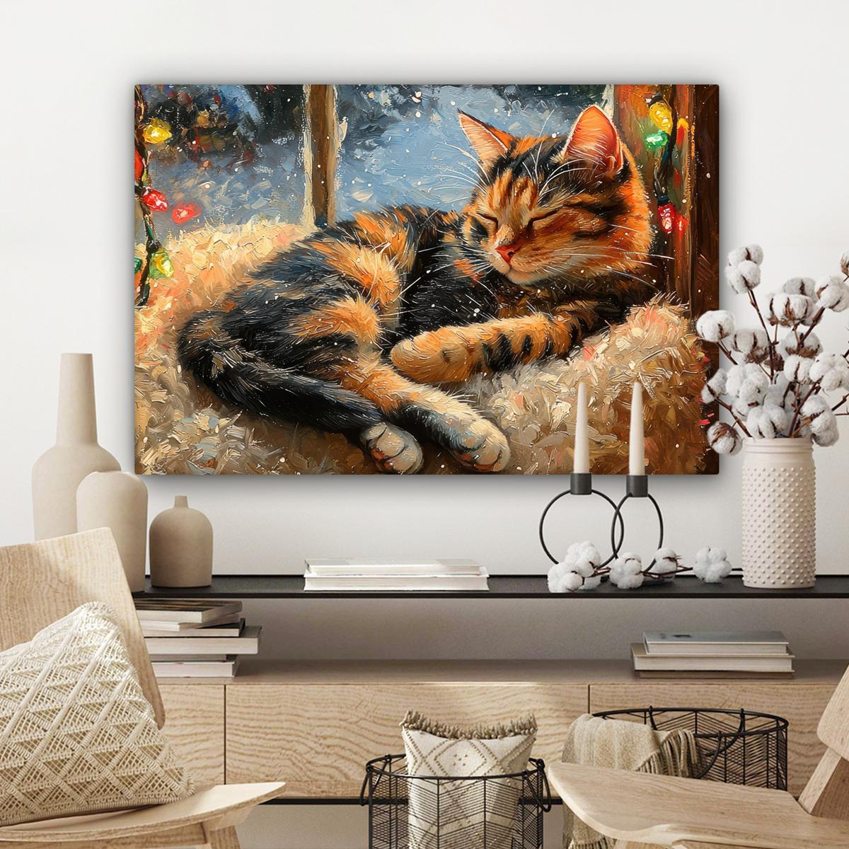 LEINWANDBILD Katze - Weihnachten - Winter - Tier Gemälde 60x40 cm - Bernsteinfarben, Textil (60/40cm) - MuchoWow