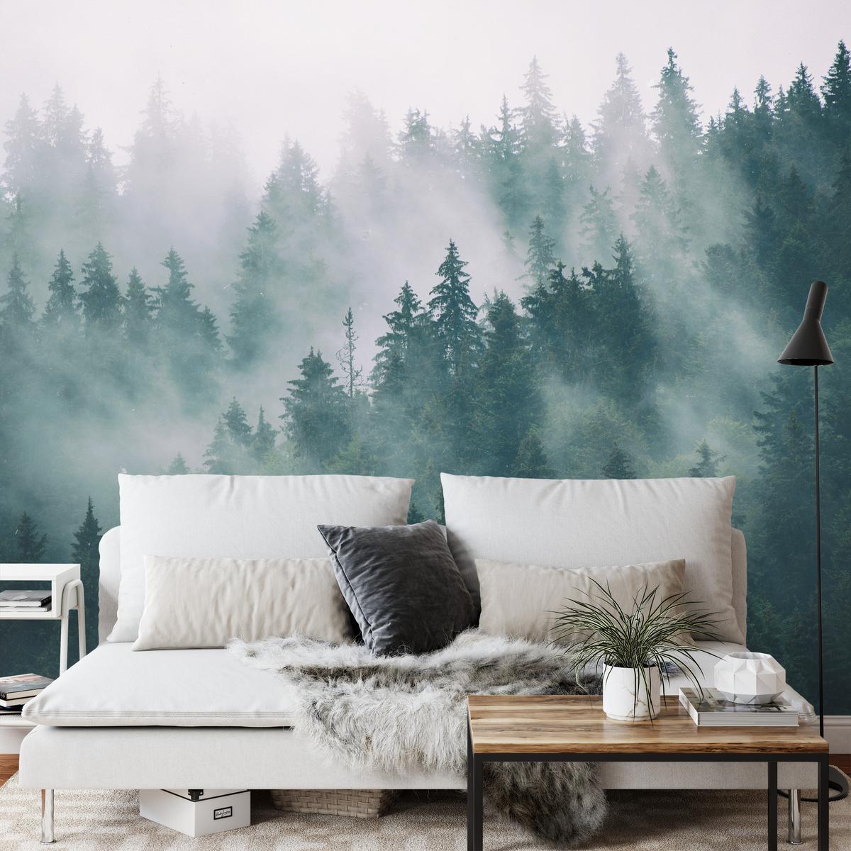 FOTOTAPETE Wald im Nebel Landschaft Natur 3D 400x280 - Türkis/Grau, Papier (400/280cm) - Muralo