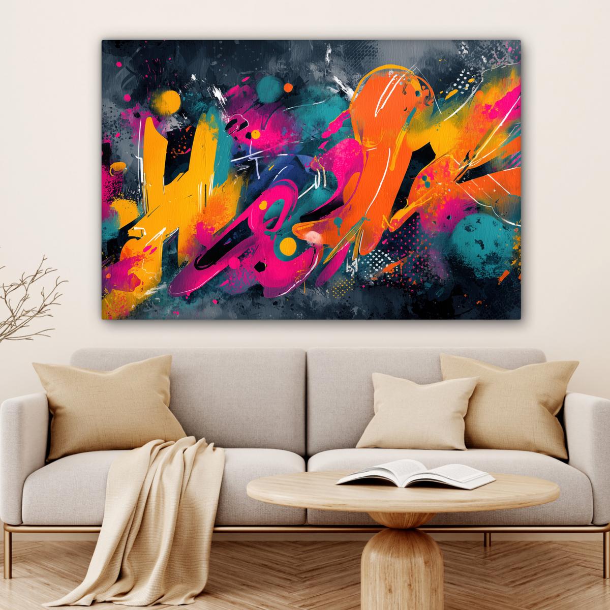 LEINWANDBILD Abstrakt - Graffiti - Farbenfroh - Farbspritzer Groß 140x90 cm - Multicolor, Textil (140/90cm) - MuchoWow