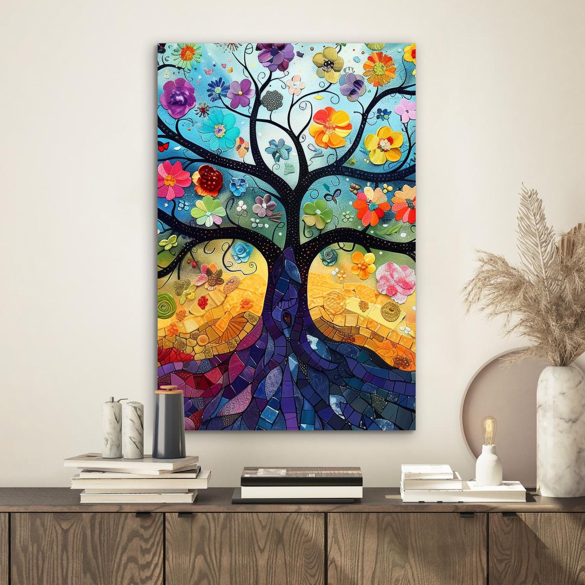 METALLBILD Kunst - Baum des Lebens - Blumen - Hippie Deko Schlafzimmer 40x60 cm - Dunkelblau, Metall (40/60cm) - MuchoWow