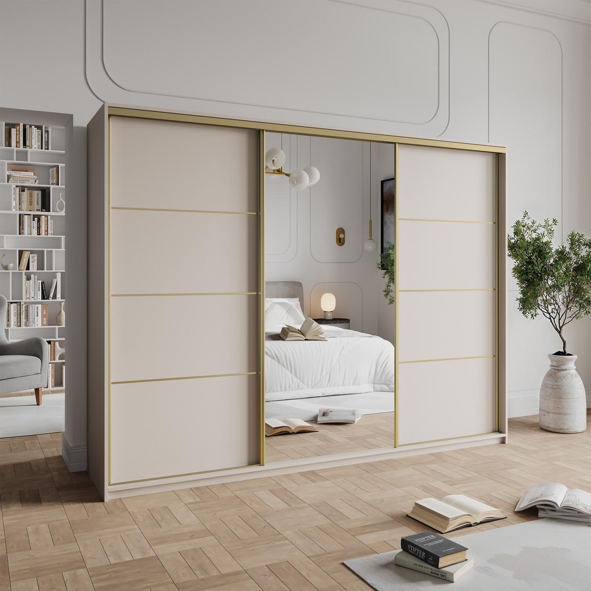 SCHWEBETÜRENSCHRANK VARO 270/205/60 cm 3-türig mit Spiegel Kaschmir - Kaschmir, Holzwerkstoff (270/205/60cm) - MASSENO