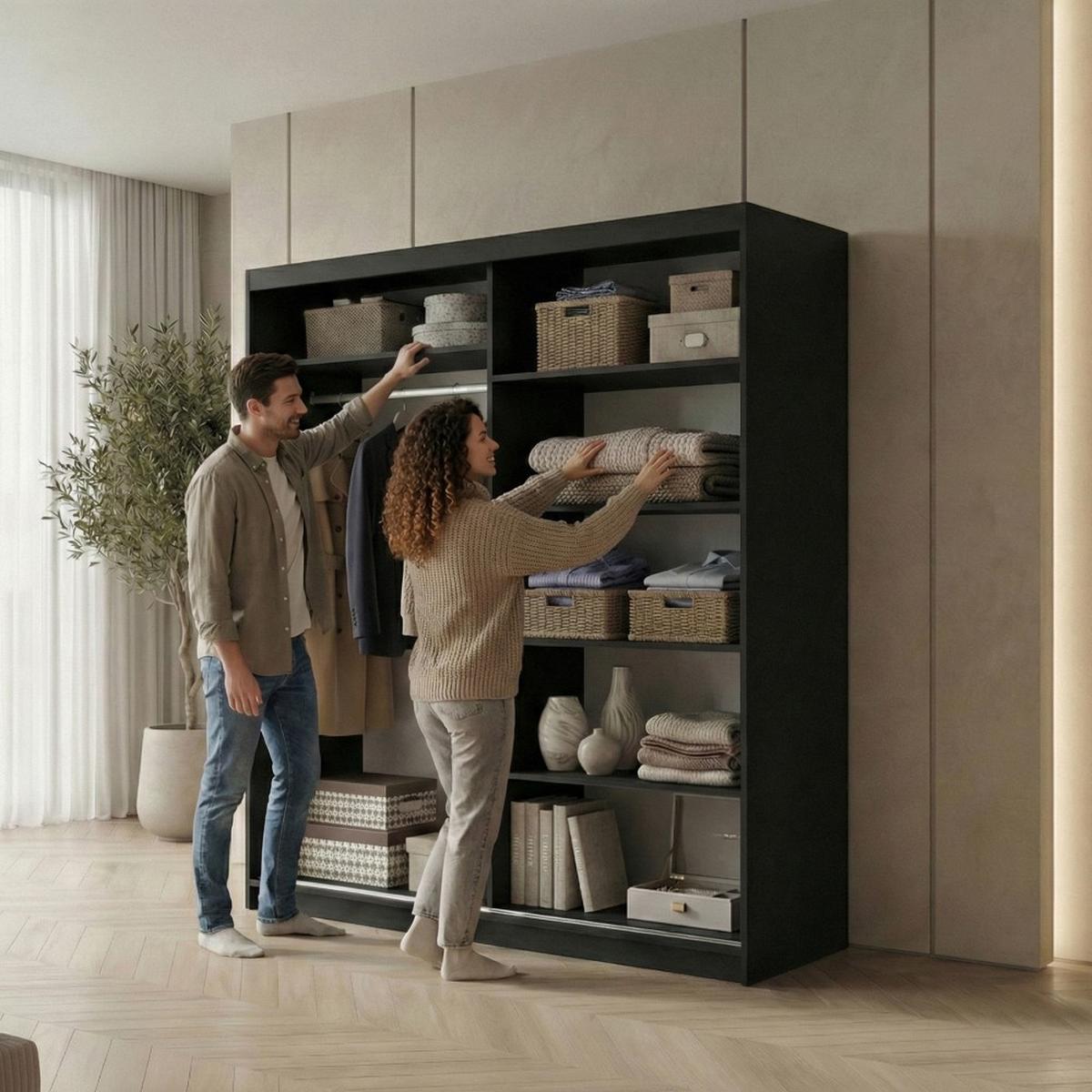 SCHWEBETÜRENSCHRANK Hela mit 2 Türen. 180 cm, Schwarz - Schwarz, Holzwerkstoff (180/205/60cm) - Beautysofa