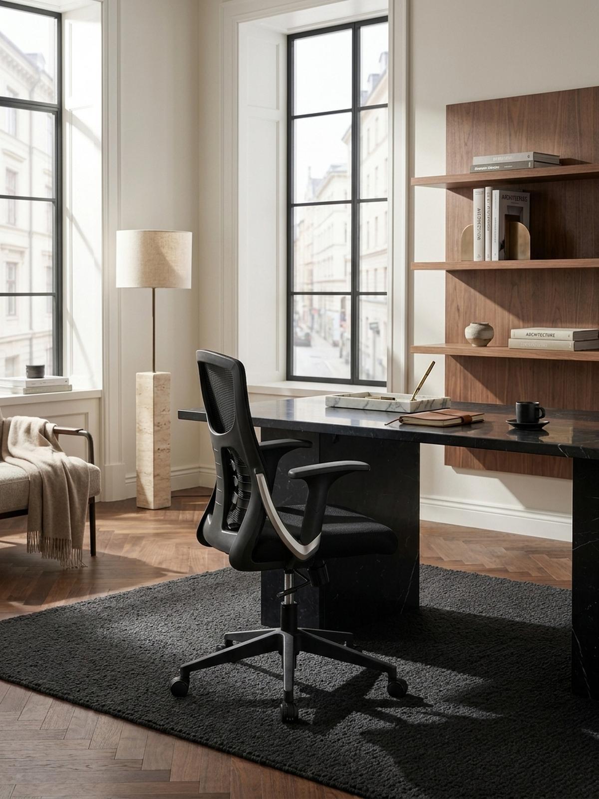 BÜRODREHSTUHL Schwarz Mesh mit Wippmechanik, 4-fach Lordosenstütze und Höhenverstellung ATLAS - Schwarz, Kunststoff/Textil (65/104/65cm) - KADIMA DESIGN
