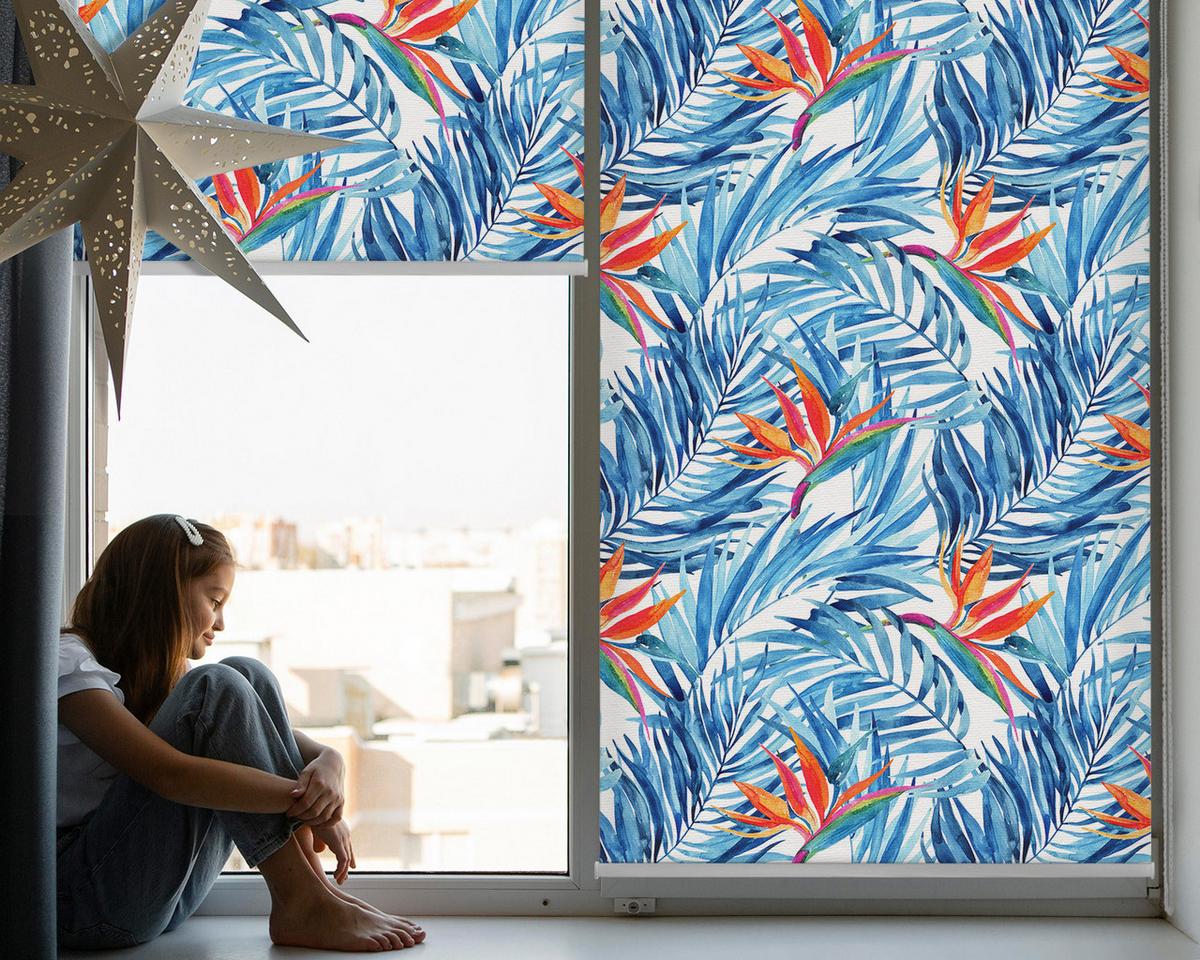 INNENROLLO - Fensterrollo - Rollo - 120x140 cm - Blaue Blätter - Blau, Kunststoff (120/140/0.5cm) - TULUP