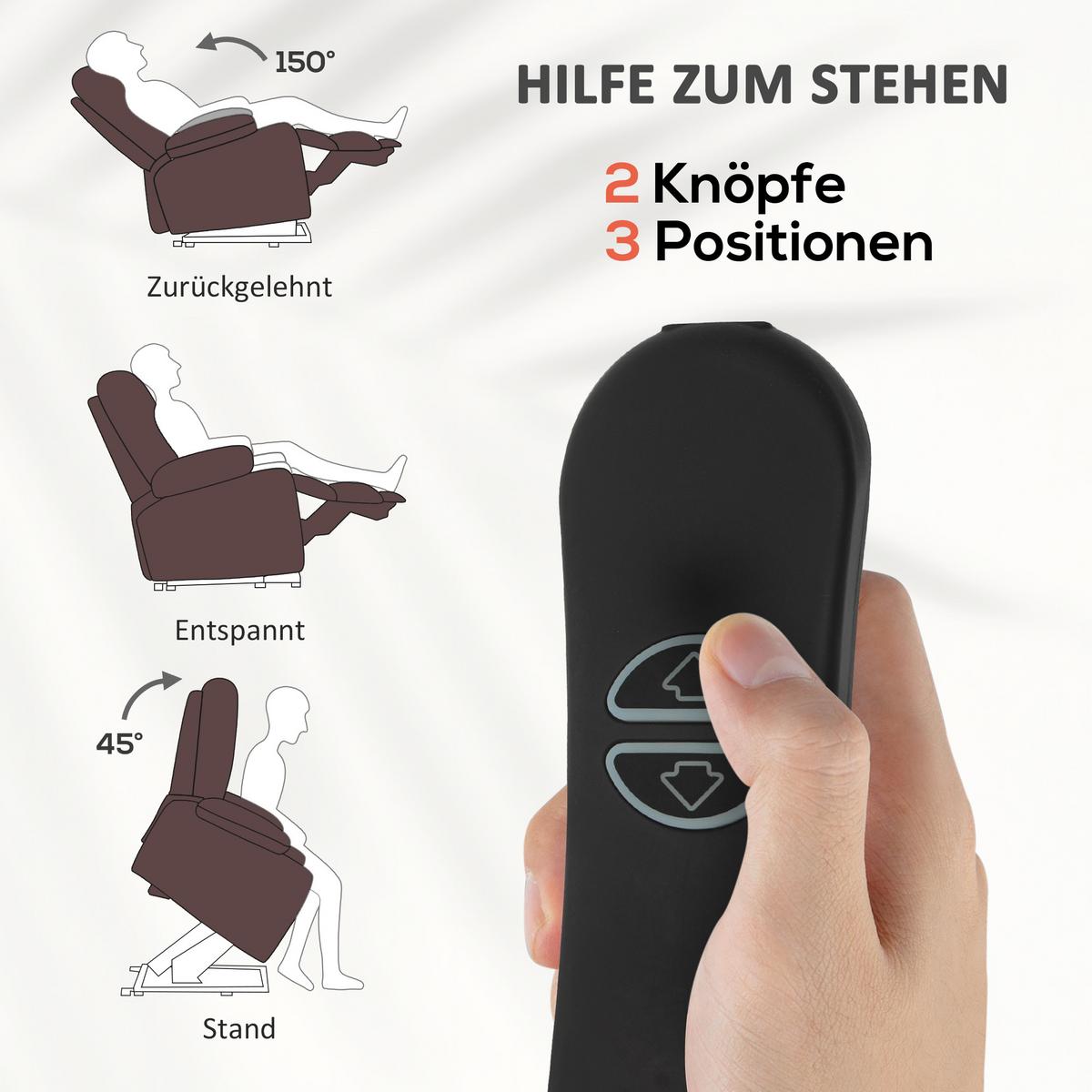 FERNSEHSESSEL mit Aufstehhilfe Relaxsessel mit Liegefunktion, Vibrationsmassage - Schwarz/Braun, Textil/Metall (88/106/95cm) - HOMCOM