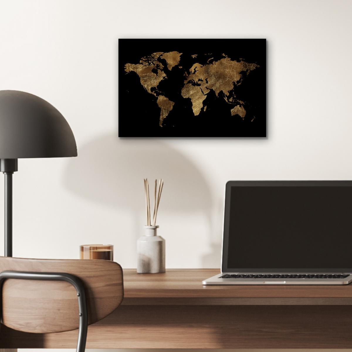 METALLBILD Weltkarte - Gold - Luxus - Erde - Schwarz 30x20 cm - Goldfarben, Metall (30/20cm) - MuchoWow