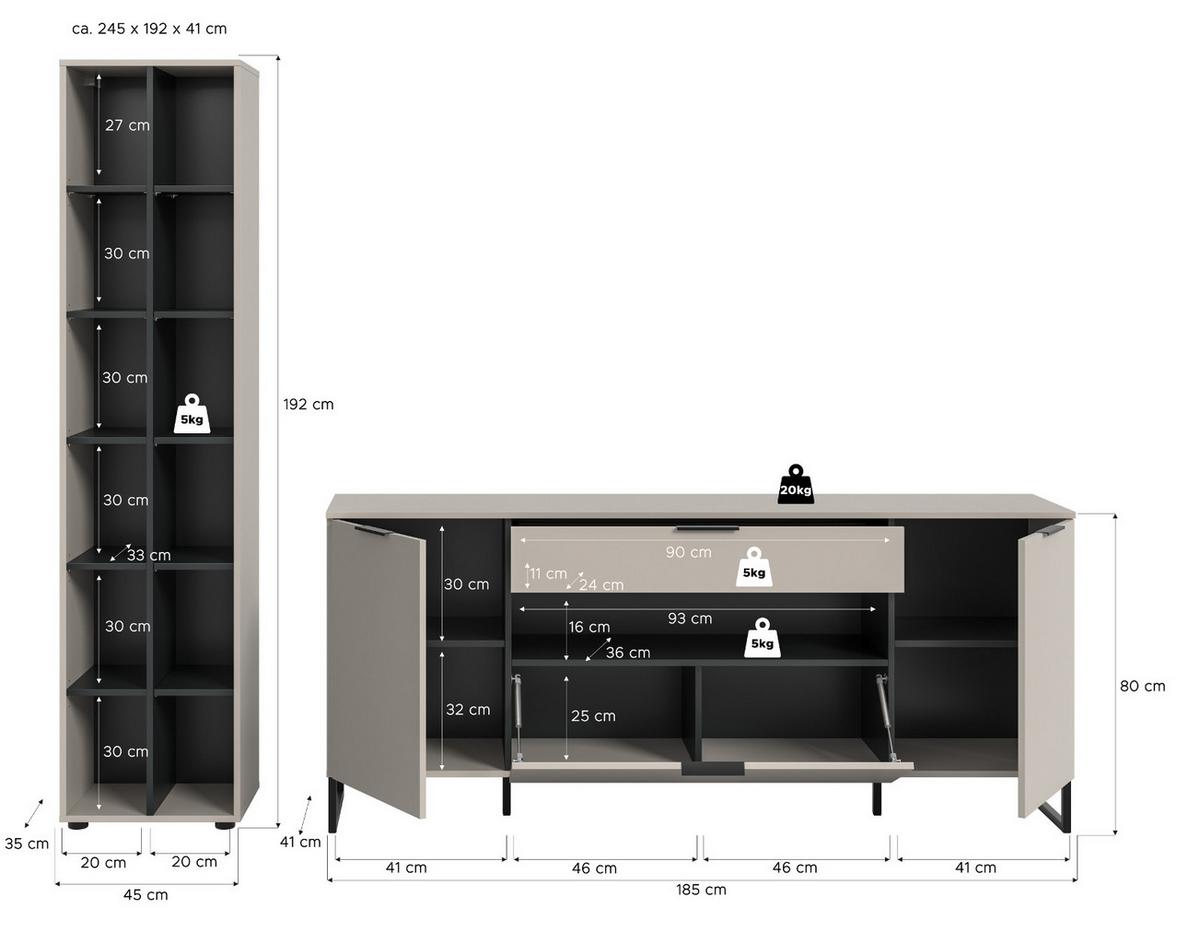 WOHNWAND kaschmir, schwarz 2-teilig 245 cm, Set mit Soft-Close-Funktion - Kaschmir/Schwarz, Holzwerkstoff/Kunststoff (245/192/41cm) - Inn.Furn