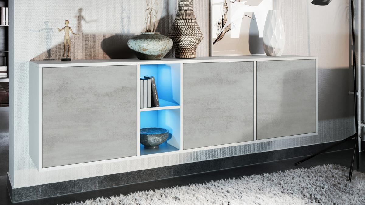 SIDEBOARD Cuba Türen in Beton Oxid Optik - Hellgrau, Holzwerkstoff (182/53/35cm) - Vladon