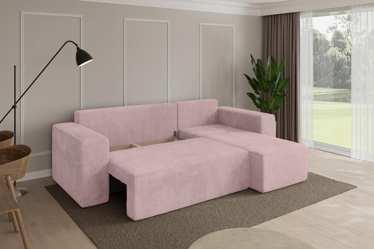 ECKSOFA mit Schlaffunktion Ottomane Rechts SENO-L 249x139x85 Rosa Cord - Schwarz/Rosa, Holzwerkstoff/Kunststoff (249/139cm) - ALTDECOR