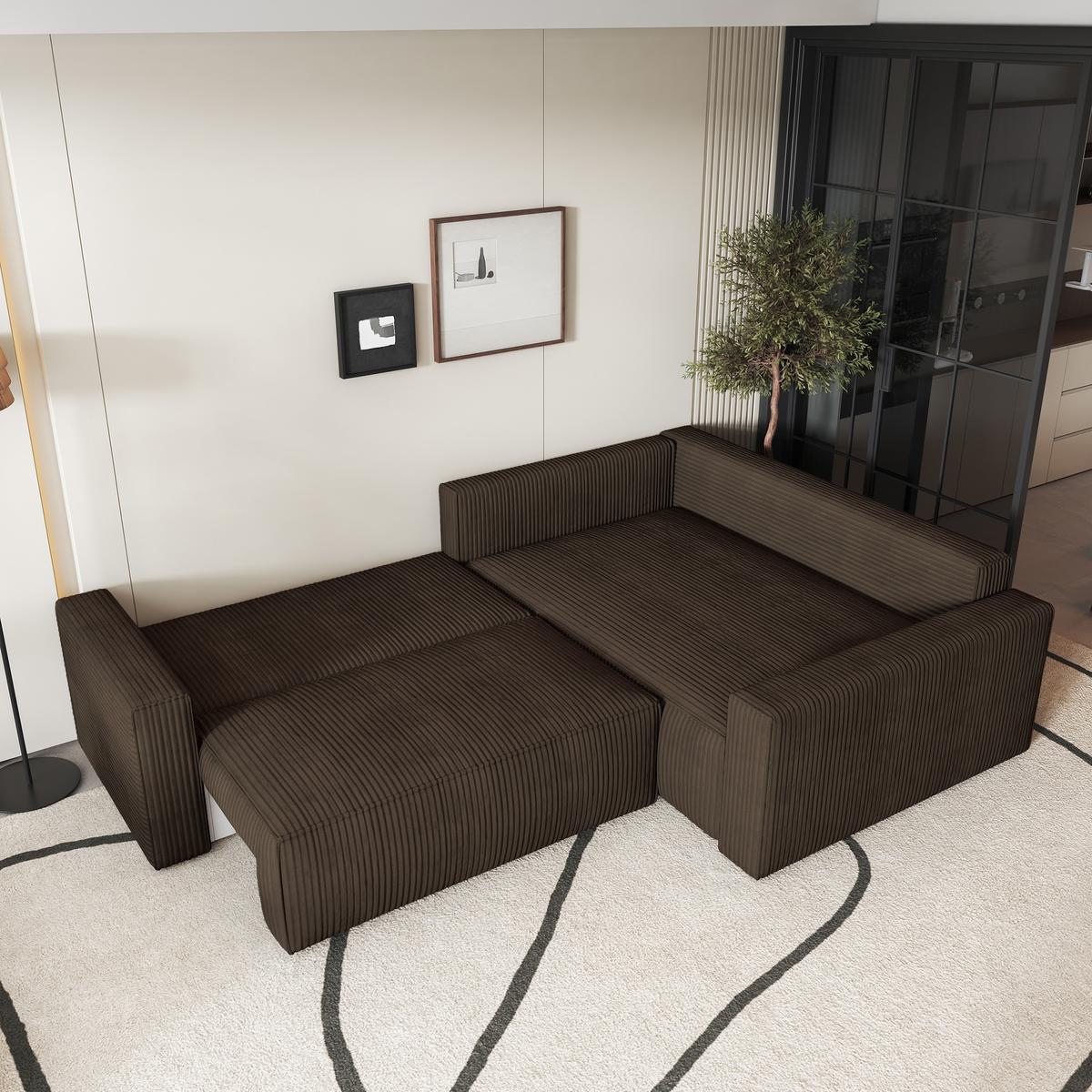 ECKSOFA ERONIS R-S Braun Kordstoff mit Schlaffunktion - Braun, Holz (265/194cm) - MASSENO