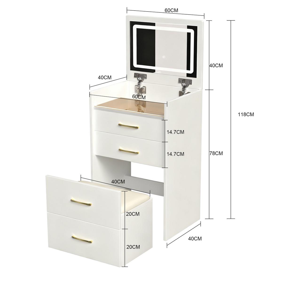 SCHMINKTISCH 3-in-1 Nachttisch (60 cm) in Weiß mit Klappspiegel, Glasplatte & Hocker - Weiß, Holzwerkstoff (60/118/40cm) - Urban Meuble