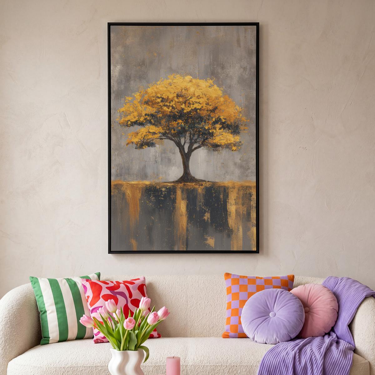 LEINWAND Bilder mit Rahmen - Baum - Blätter - Gold - Abstrakt - 100x150 - Grau, Textil (100/150cm) - MuchoWow