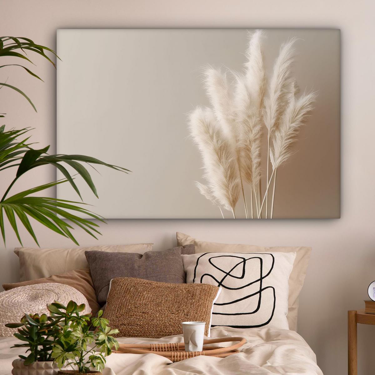 LEINWANDBILD Pampasgras - Federn - Pastell - Weiß Wohnzimmer Groß 120x80 cm - Naturfarben, Textil (120/80cm) - MuchoWow