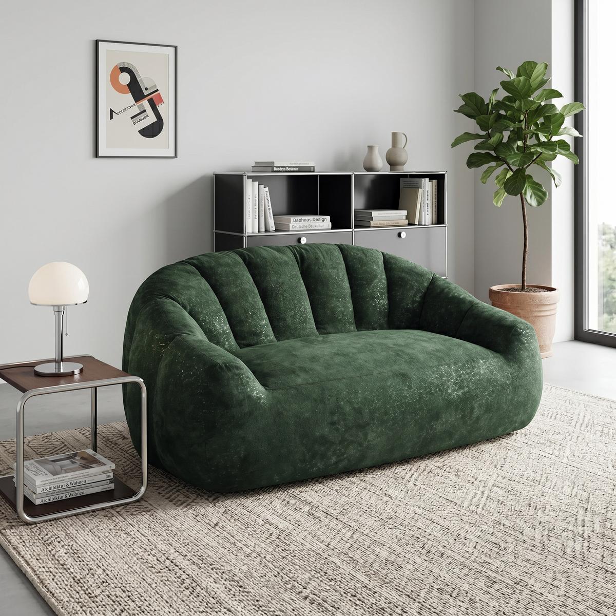 2-SITZER SOFA aus Flanell mit skulpturaler Wellen-Rückenlehne - Grün, Textil (140/61/98cm) - Urban Meuble