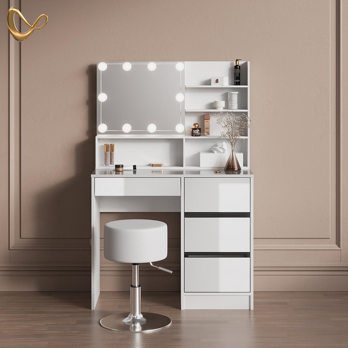 SCHMINKTISCH Imola Weiß mit LED Beleuchtung, Hocker und Spiegelregal - Weiß, Holzwerkstoff (90/75/40cm) - Livinity®