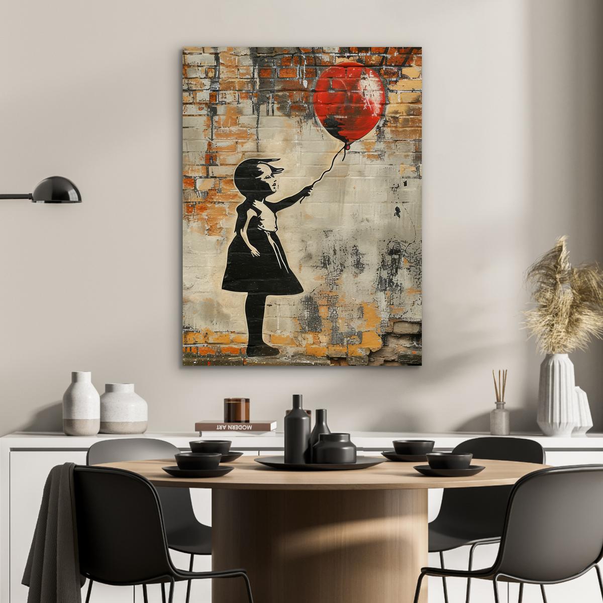METALLBILD Graffiti - Banksy - Mädchen - Straßenkunst 60x80 cm - Sandfarben, Metall (60/80cm) - MuchoWow