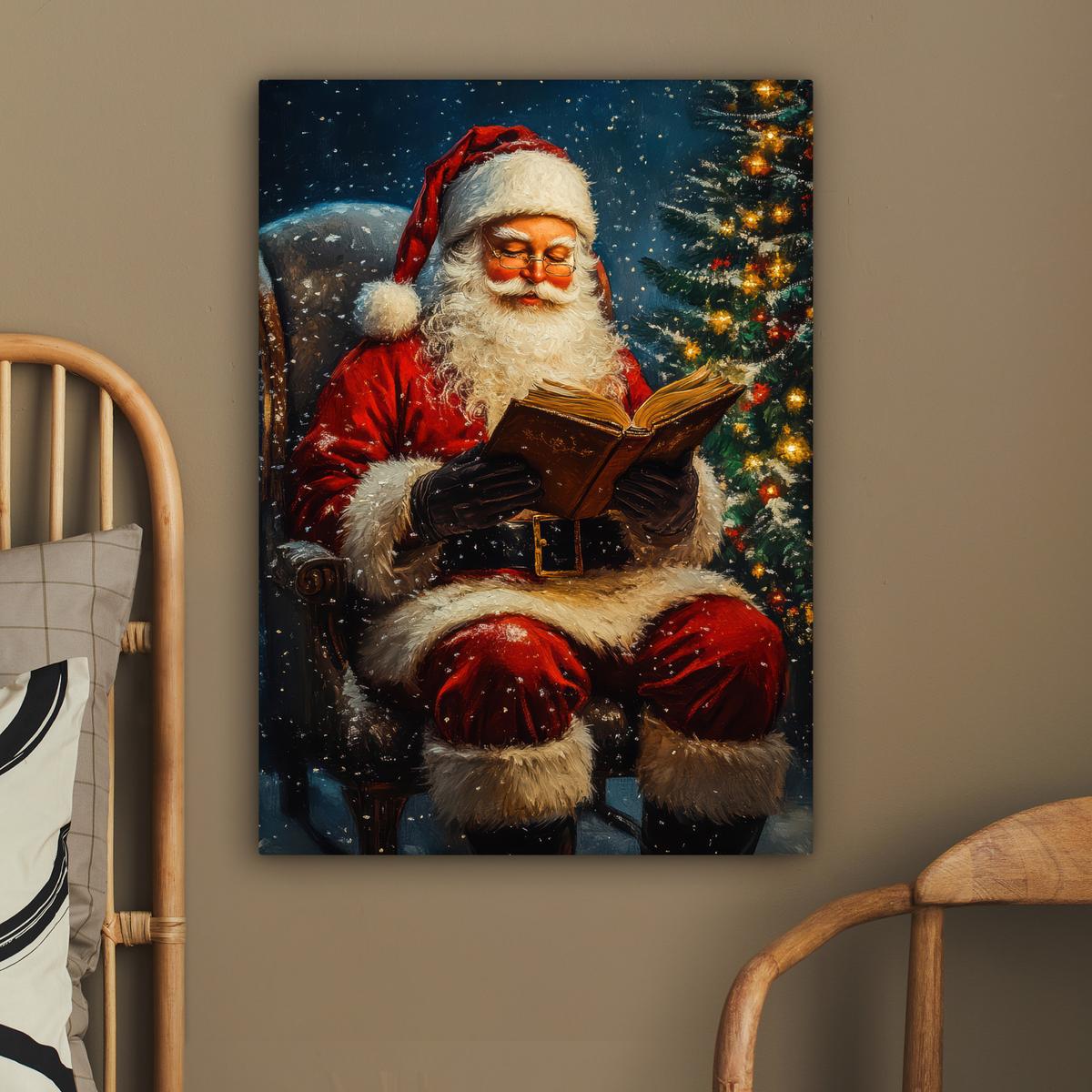 LEINWANDBILD Weihnachtsmann - Weihnachten - Winter - Weihnachtsbaum Wandbild Wohnzimmer 60x80 cm - Bordeaux, Textil (60/80cm) - MuchoWow