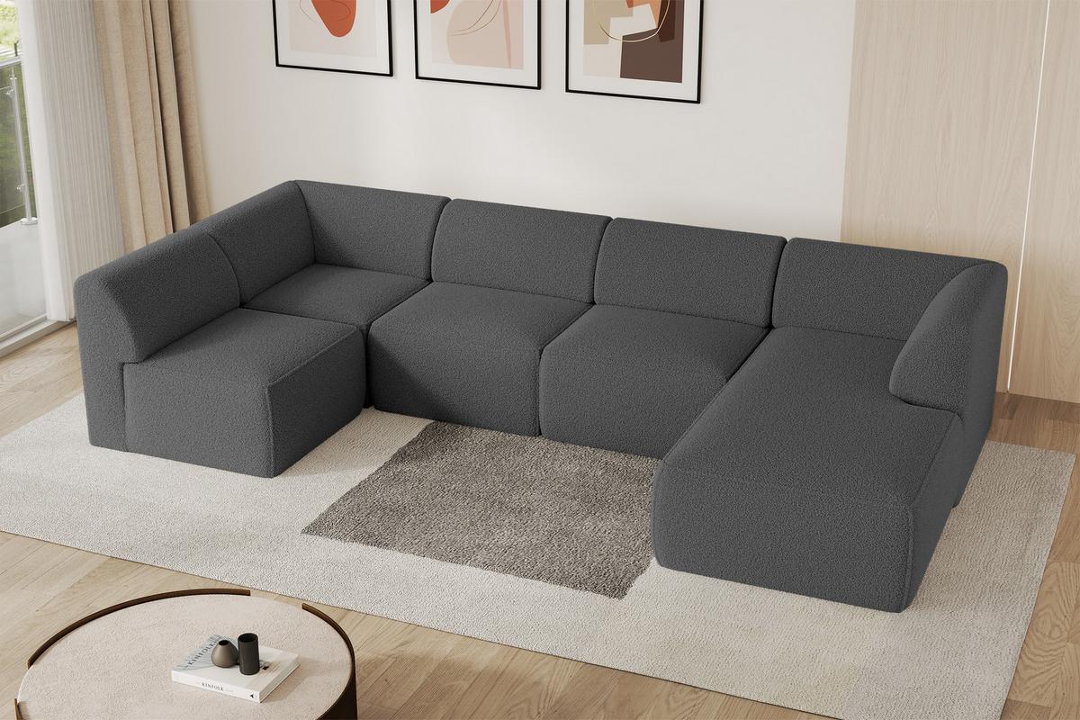 WOHNLANDSCHAFT Ottomane Rechts MOVO-L 345x180x78 cm Grau Bouclé - Chromfarben, Holzwerkstoff/Kunststoff (180/78/345cm) - ALTDECOR
