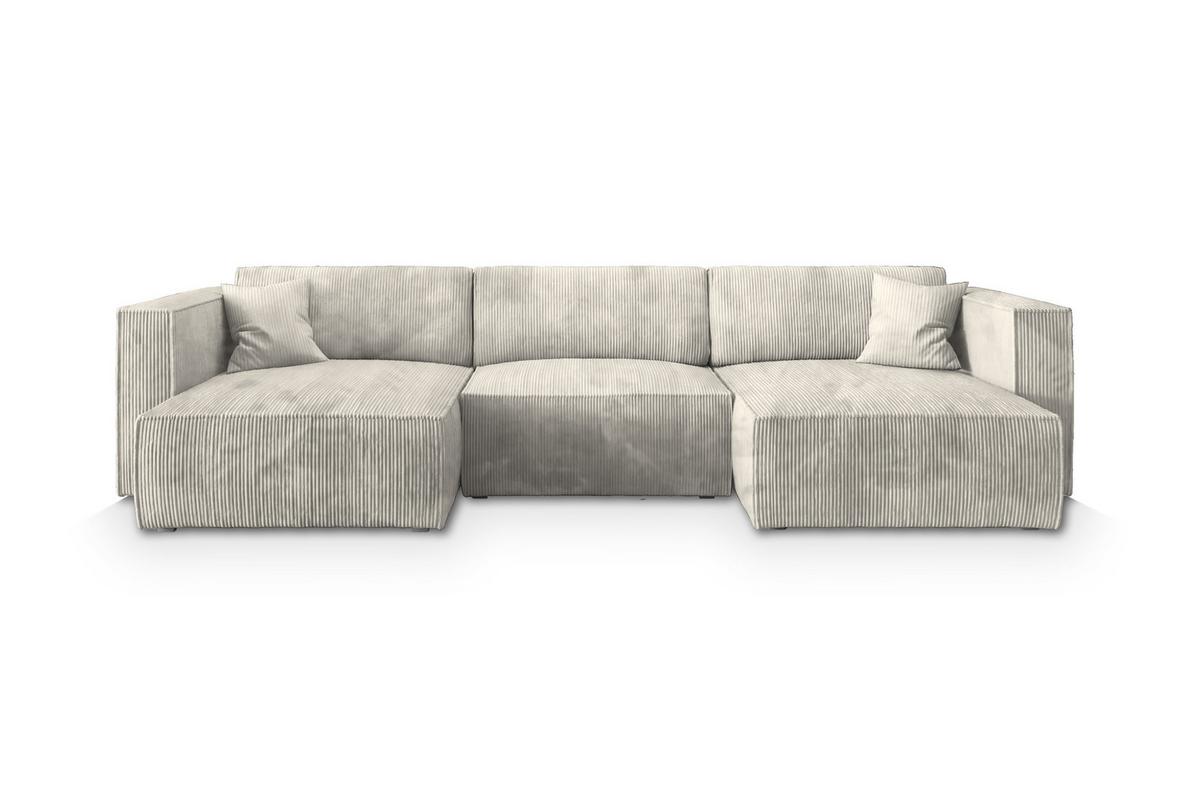 WOHNLANDSCHAFT SARMO P Creme Kordstoff mit Schlaffunktion - Creme/Grau, Holz/Kunststoff (347/70/148cm) - MASSENO