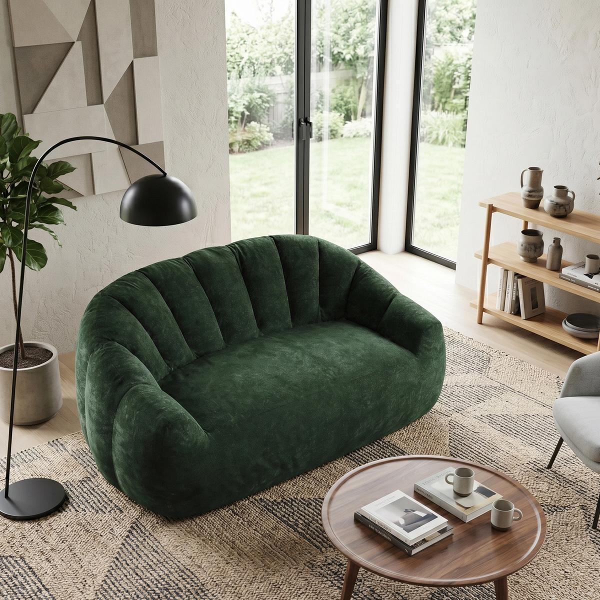 2-SITZER SOFA aus Flanell mit skulpturaler Wellen-Rückenlehne - Grün, Textil (140/61/98cm) - Urban Meuble