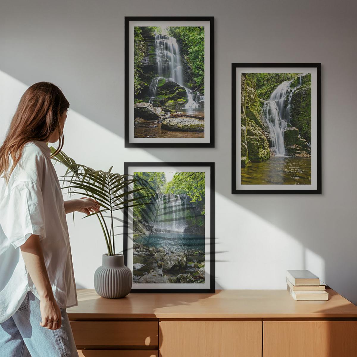BILDER SET 3er Set - 40x60 cm Schwarzer Rahmen - Wasserfälle, grüne Umgebung - Schwarz, Kunststoff (40/60cm) - TULUP