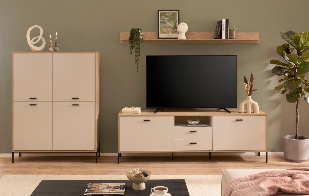 WOHNWAND Kaschmir, Eiche 320 cm Set 3-teilig, Wohnkombination mit Soft-Close - Kaschmir/Eichefarben, Holzwerkstoff/Metall (320/170/40cm) - Furn.Design