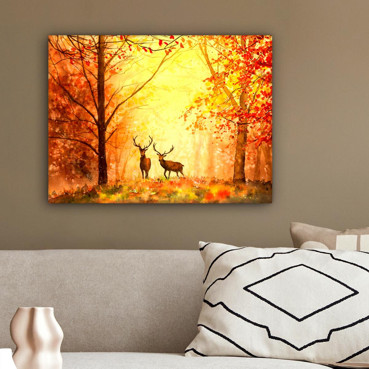 LEINWANDBILD Natur - Ölfarbe - Hirsche - Tiere - Herbst - Orange Wandbild 40x30 cm - Orange, Textil (40/30cm) - MuchoWow