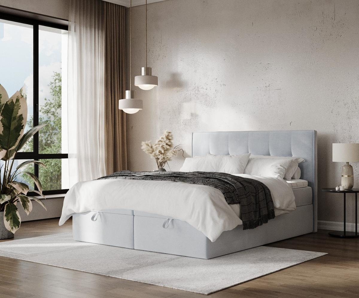 BOXBETT Tivra 160/200 cm Hellgrau im Paros Stoff - Hellgrau/Schwarz, Holz/Holzwerkstoff (160/200cm) - AltaBeds