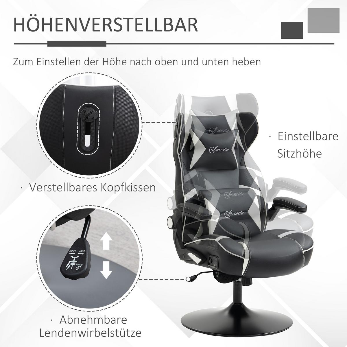 GAMINGSESSEL mit Wippfunktion Gaming Stuhl mit Lautsprecher Bürostuhl PU - Schwarz/Weiß, Leder (73/118/69cm) - Vinsetto