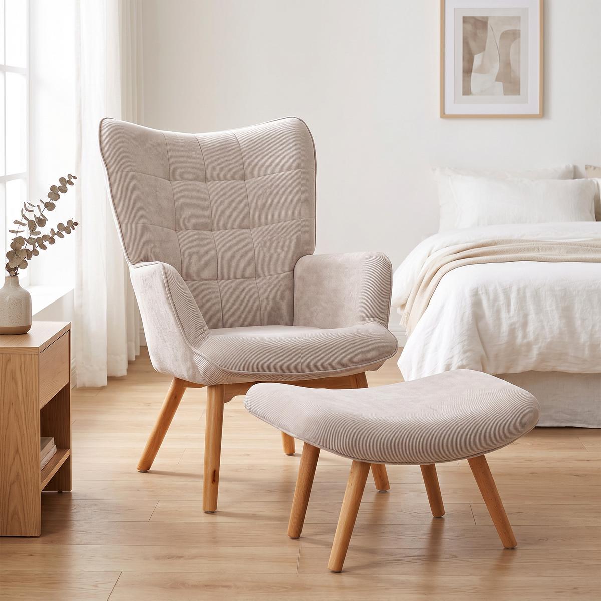 OHRENSESSEL mit Hocker, Relaxsessel, Polstersessel in Cord-Optik, mit Holzbeine - Beige/Naturfarben, Buchenholz/Textil (80/101/72cm) - HOMCOM