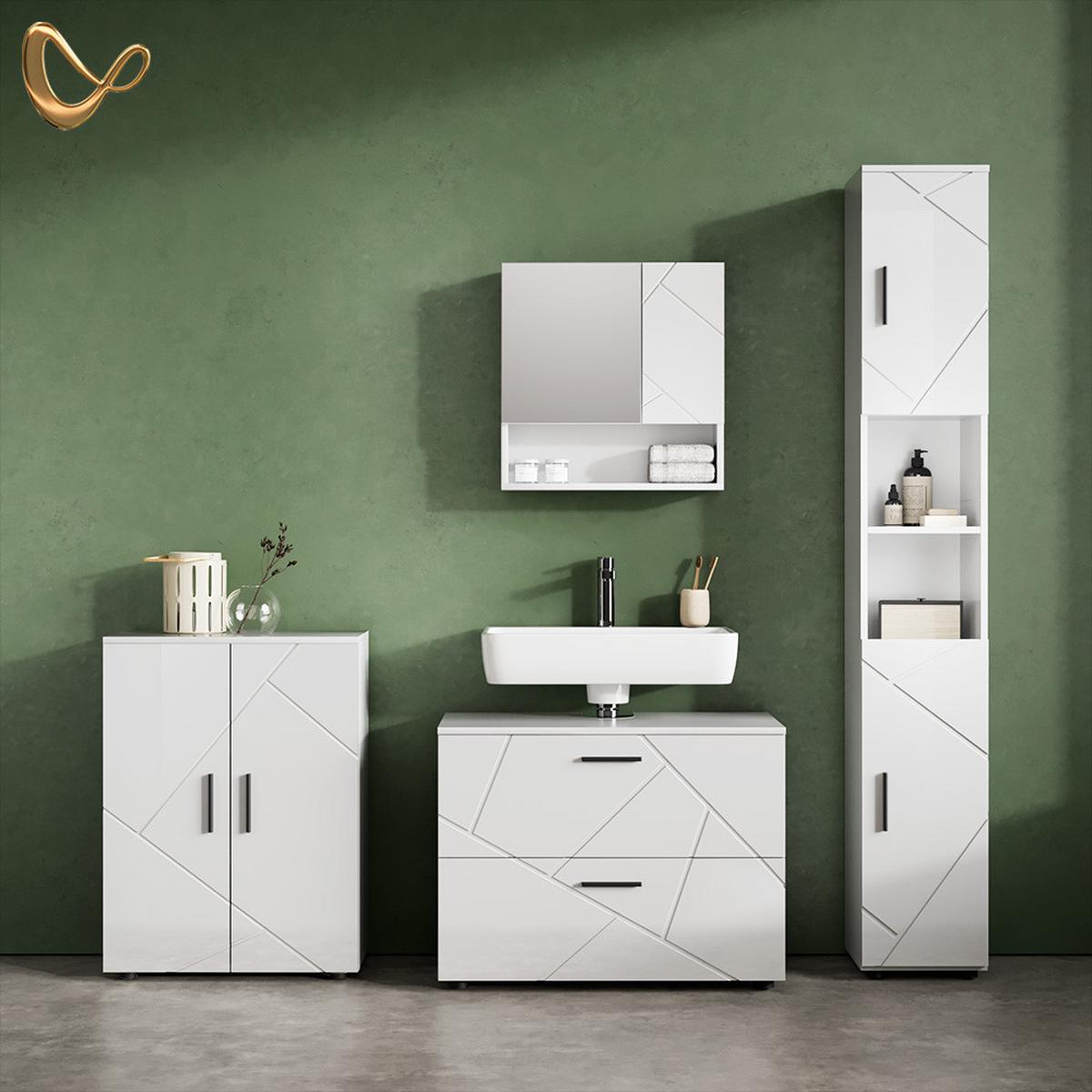 BADMÖBEL-SET Ronco Weiß Hochglanz 4 Teile, mit Schubladenschrank und Midischrank - Weiß Hochglanz, Holzwerkstoff (80/58/41cm) - Livinity®