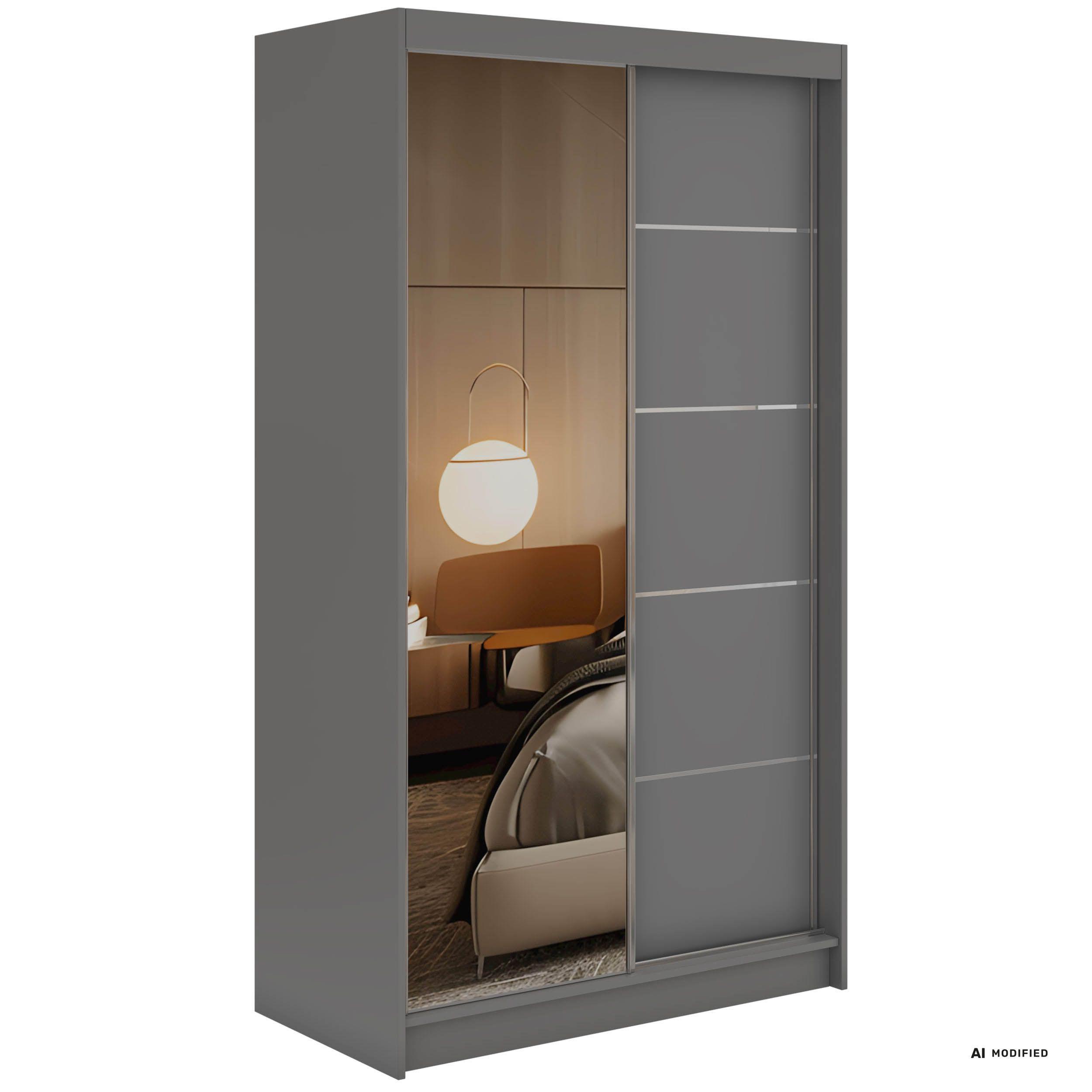 SCHWEBETÜRENSCHRANK 120 - SKORIA - Grau mit Spiegel - Alufarben/Grau, Holzwerkstoff/Metall (120/216/61cm) - MKS