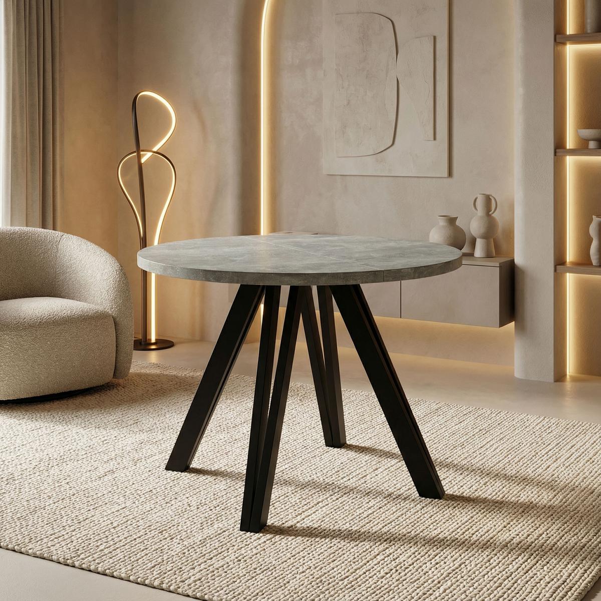 ESSTISCH Ravero runder ausziehbarer, Beton grau 100-140/100/77 cm - Hellgrau/Schwarz, Holz/Holzwerkstoff (100/140/76.5cm) - WFL GROUP