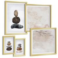 BILDER SET 5er Set - 50x50 cm & 20x30 cm & 40x60 cm Goldrahmen - Steinstapel-Boho-Malerei - Goldfarben, Kunststoff (40/60cm) - TULUP