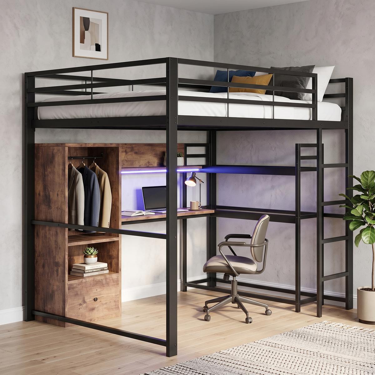 HOCHBETT metall schwarz 140x200cm mit schreibtisch led - Schwarz, Holzwerkstoff (140/200cm) - Urban Meuble