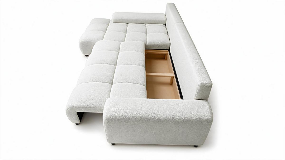 ECKSOFA Ovia mit Bettkasten und Schlaffunktion, Bouclé-Stoff in L-Form - Weiß, Textil (270/185cm)