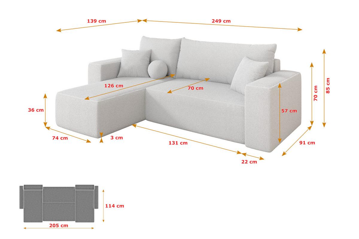 ECKSOFA mit Schlaffunktion Ottomane Links SENO-L 249x139x85 Weiß Bouclé - Schwarz/Weiß, Holzwerkstoff/Kunststoff (249/139cm) - ALTDECOR