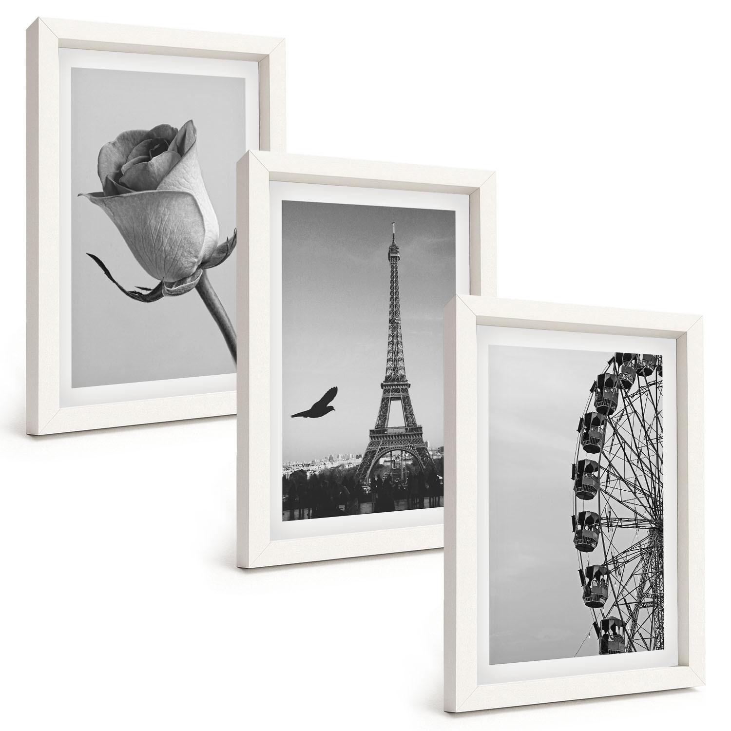BILDER SET 3er Set - 20x30 cm Weißer Rahmen - Rose Eiffelturm Riesenrad - Weiß, Kunststoff (20/30cm) - TULUP