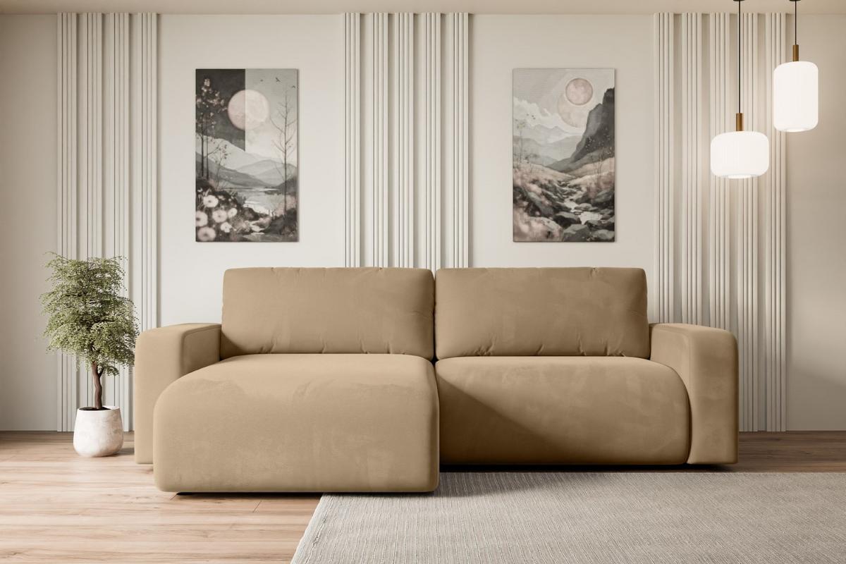 ECKSOFA mit Schlaffunktion und Bettkasten KLEEA-L - 247x143x83 cm Beige Velours - Beige/Schwarz, Holzwerkstoff/Kunststoff (247/143cm) - ALTDECOR