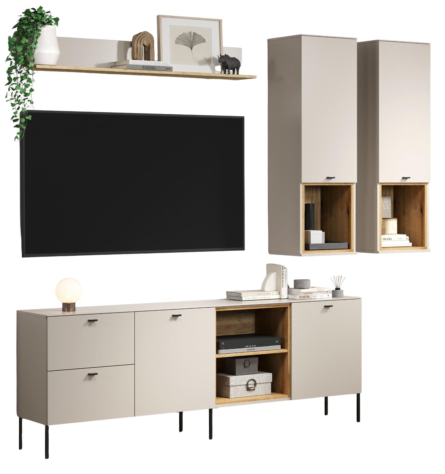 WOHNWAND Kaschmir, Eiche 4-teilig 250 cm, Schrankwand mit Soft-Close - Sandfarben/Kaschmir, Holzwerkstoff/Metall (140/20/22cm) - Top.Furn