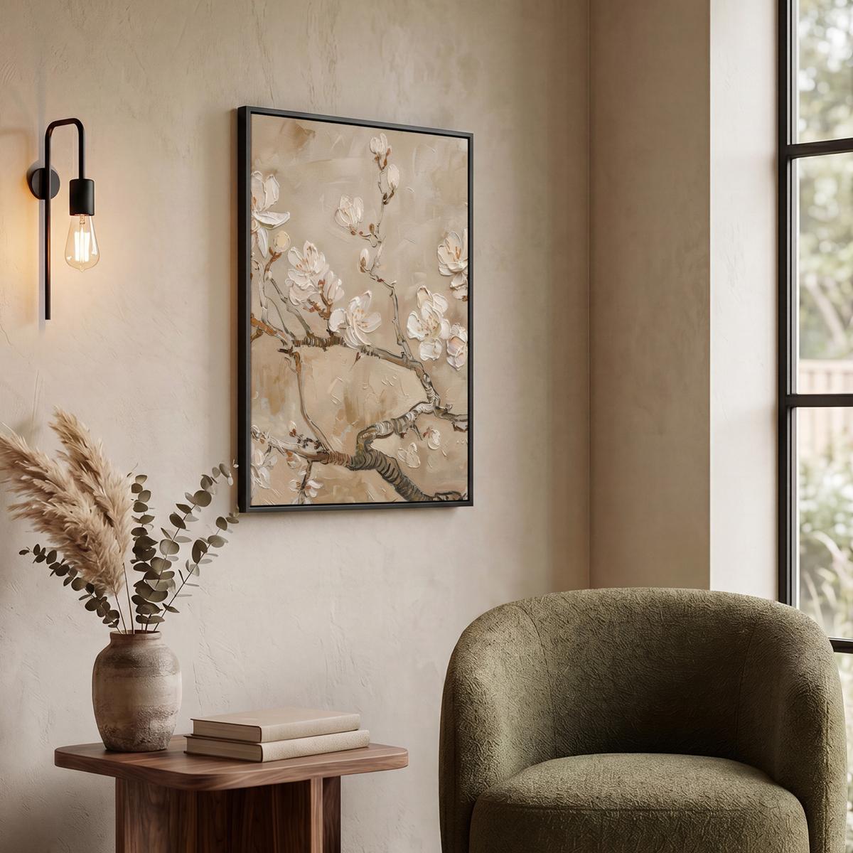 LEINWAND Bilder mit Rahmen - Blumen - Modern - Beige - Weiß - Blüte - 60x80 - Beige, Textil (60/80cm) - MuchoWow