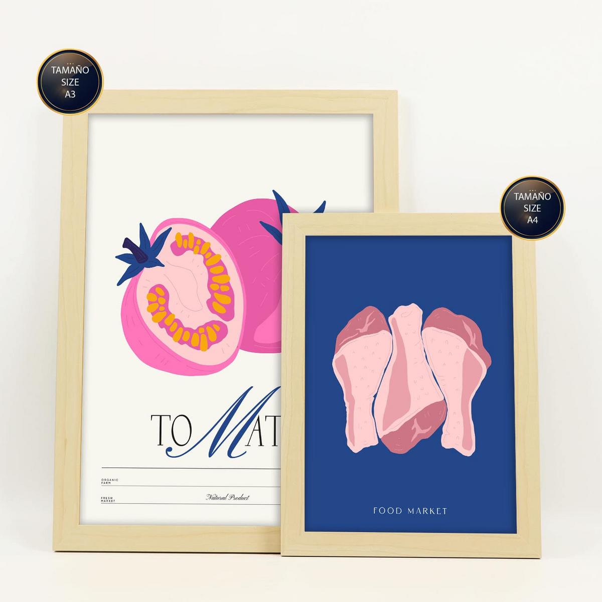 POSTER Set Mit 6 Lebensmittel Und Ernährungs Rosa Essen Natur Und Botanikdrucke Für Innenarchitektur A3 & A4 Rahmen Aus Hellem Holz - Beige, Papier (29/3cm) - Nacnic