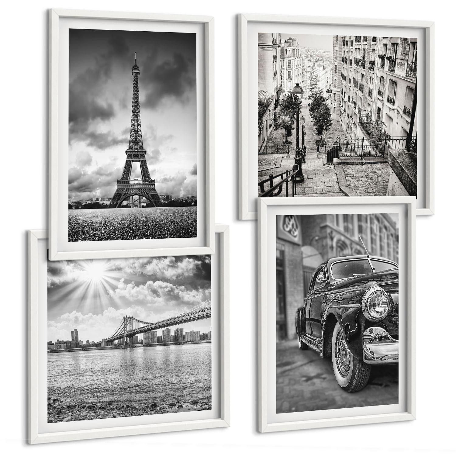 BILDER SET 4er Set - 50x50 cm & 40x60 cm Weißer Rahmen - Stadtansichten, Brücken, Eiffelturm, Auto - Weiß, Kunststoff (50/50cm) - TULUP