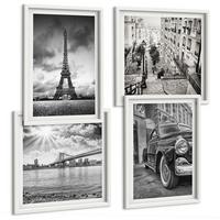 BILDER SET 4er Set - 50x50 cm & 40x60 cm Weißer Rahmen - Stadtansichten, Brücken, Eiffelturm, Auto - Weiß, Kunststoff (50/50cm) - TULUP