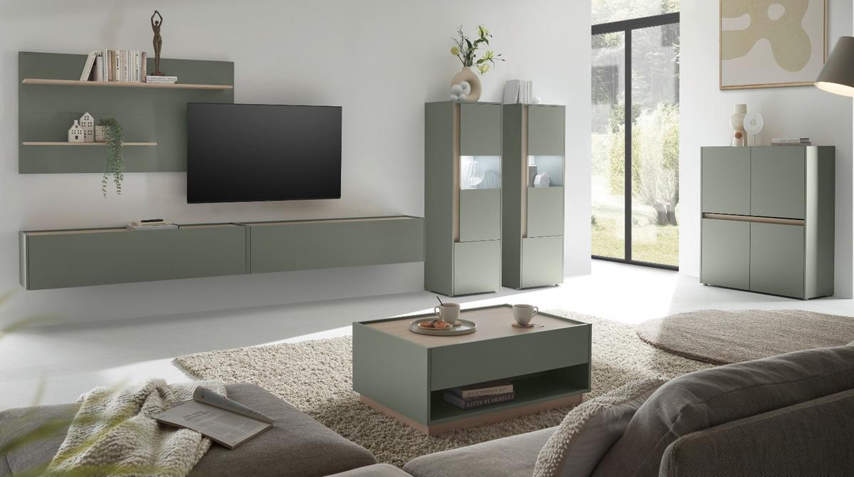 SCHRANK-SET Salbei grün, Barista Eiche 190 cm, Vitrinen-Set mit 3x Vitrine je 50x 155 cm - Salbeigrün/Eichefarben, Glas/Holzwerkstoff (190/155/40cm) - Furn.Design