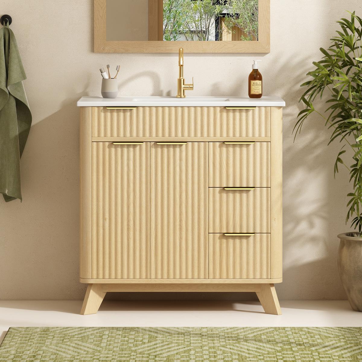 WASCHTISCHUNTERSCHRANK Holzoptik Wellenmuster 3 Schubladen & Doppeltüren - Naturfarben, Holzwerkstoff (81/90/47cm) - Urban Meuble
