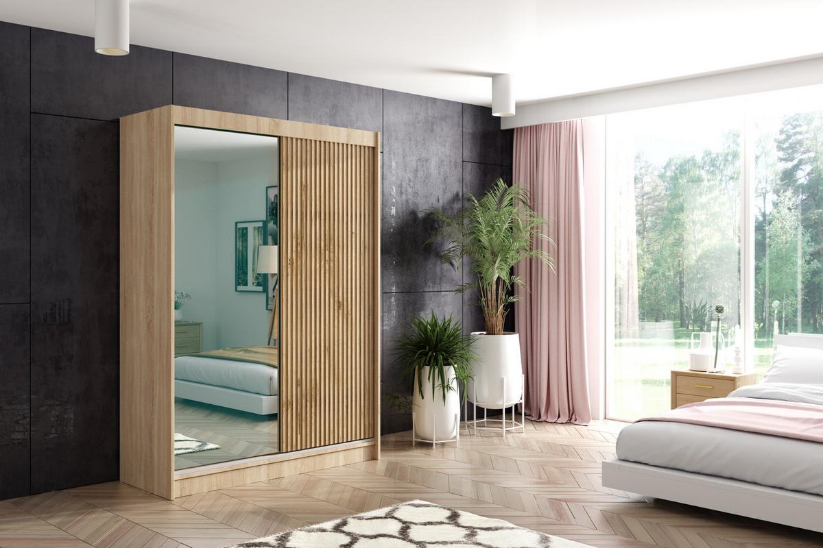 KLEIDERSCHRANK VILAN mit Spiegel/LED - 150 cm - Sonoma Eiche|Eichefarben - Eichefarben/Sonoma Eiche, Holzwerkstoff (150/215/61cm) - ALTDECOR