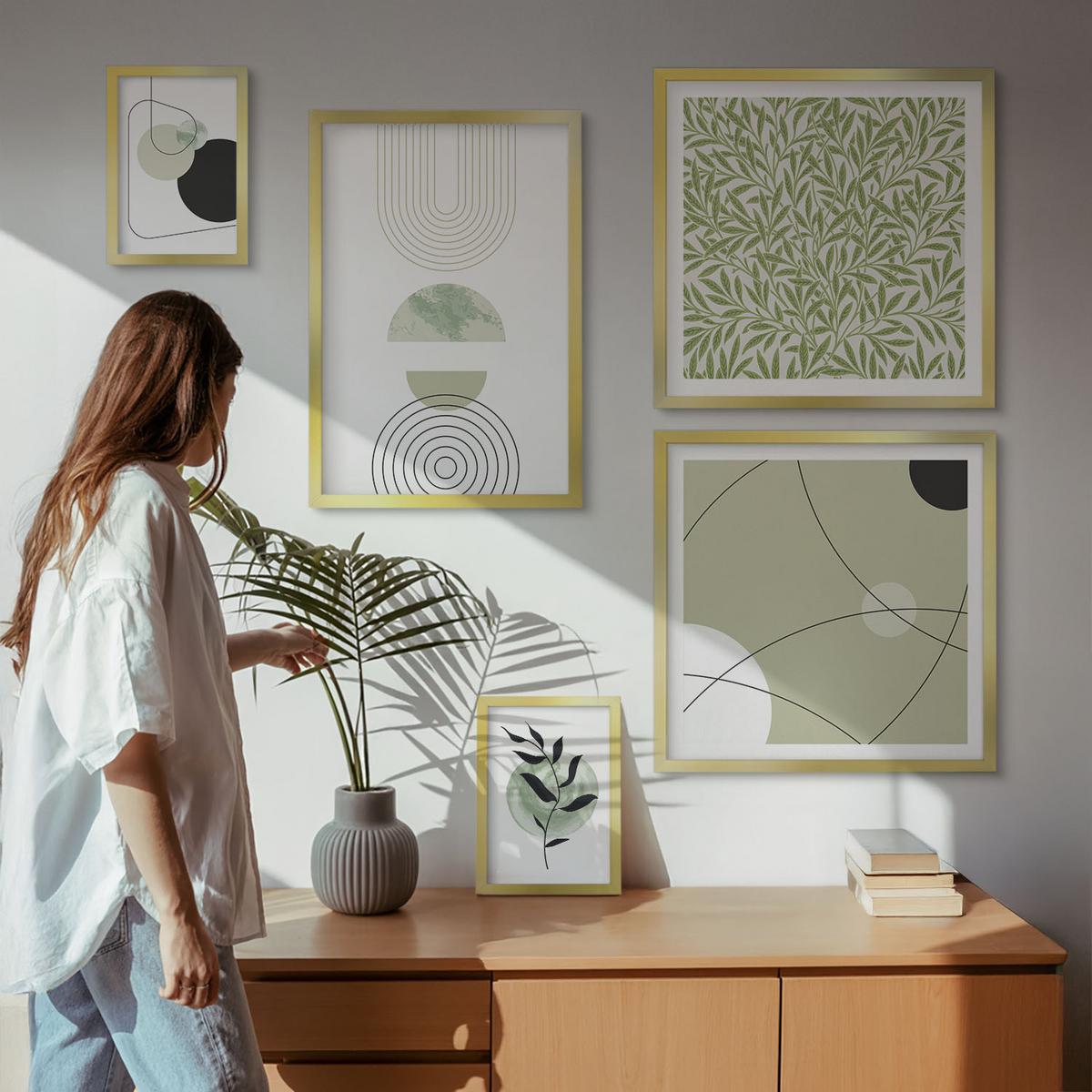 BILDER SET 5er Set - 50x50 cm & 20x30 cm & 40x60 cm Goldrahmen - Abstrakte Pflanzenmotive - Goldfarben, Kunststoff (40/60cm) - TULUP