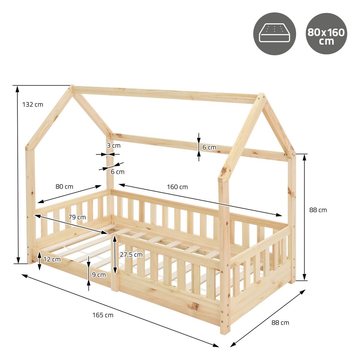 KINDERBETT mit Dach 80x160 cm Natur - Naturfarben, Holz (80/160cm) - ML-DESIGN